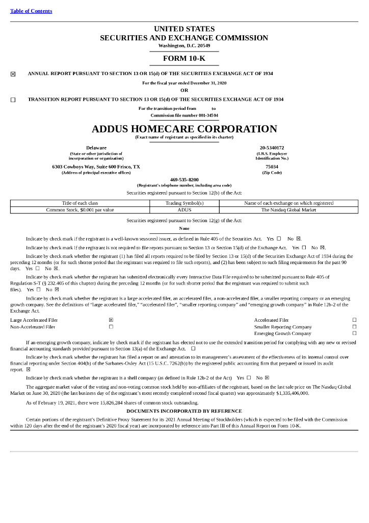 Addus Homecare Corporation（ADUS）2020财年年度报告（英文版）