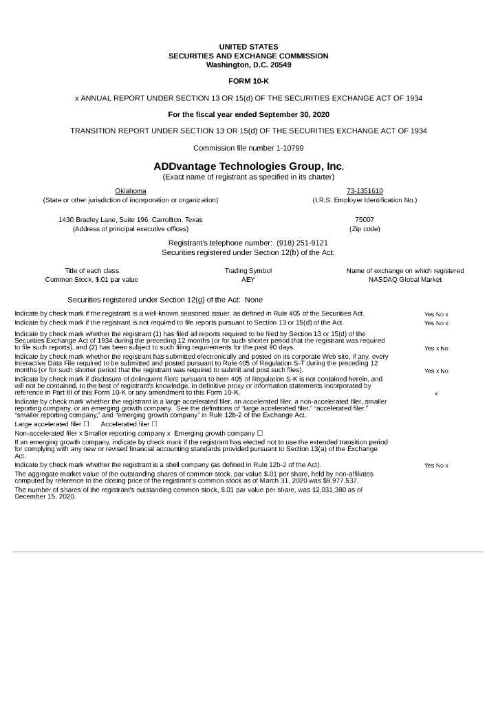 ADDvantage Technologies Group, Inc.（AEY）2020财年年度报告（英文版）