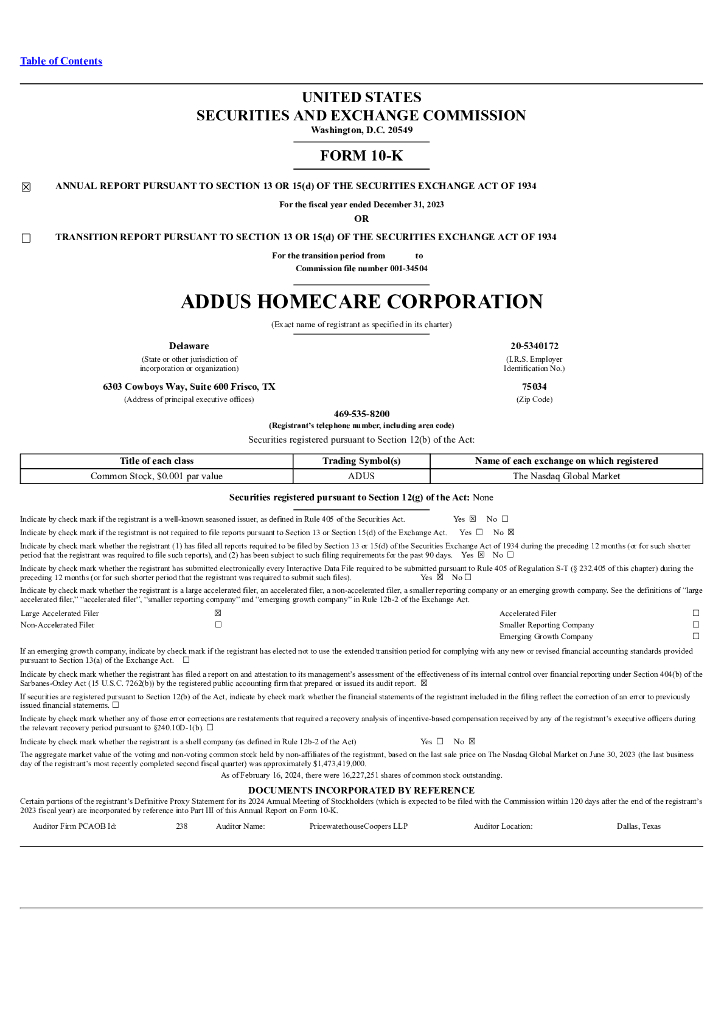 Addus Homecare Corporation（ADUS）2023财年年度报告（英文版）