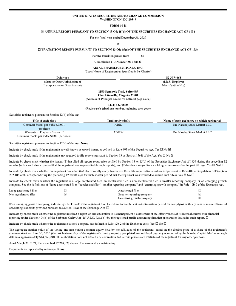 Adial Pharmaceuticals, Inc（ADIL）2020财年年度报告（英文版）