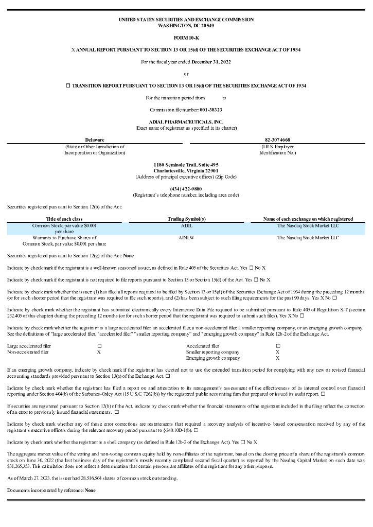 Adial Pharmaceuticals, Inc（ADIL）2022财年年度报告（英文版）