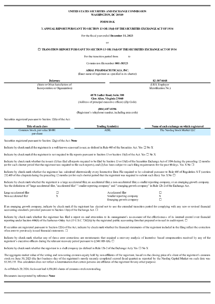 Adial Pharmaceuticals, Inc（ADIL）2023财年年度报告（英文版）