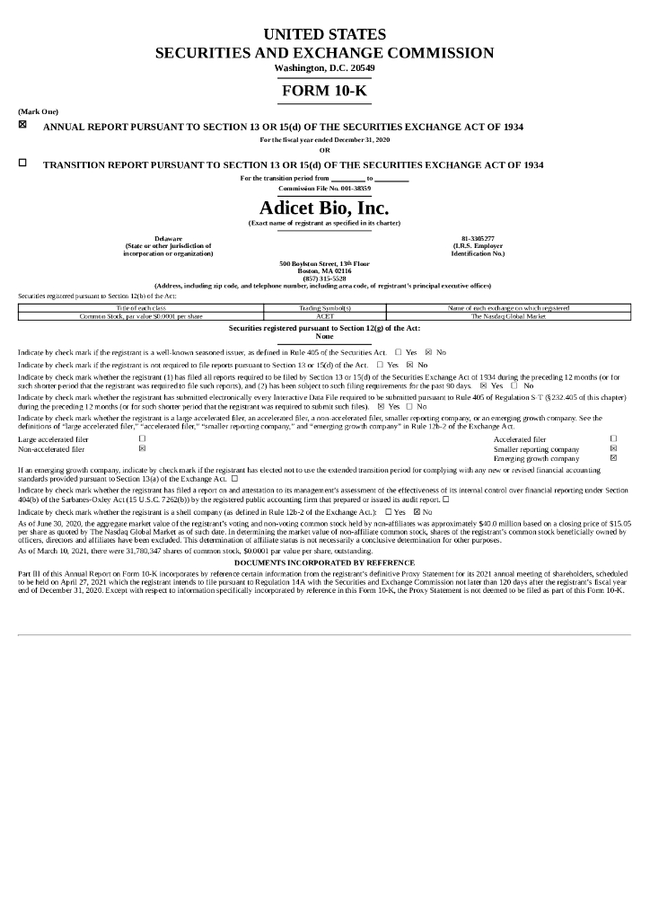 Adicet Bio, Inc.（ACET）2020财年年度报告（英文版）