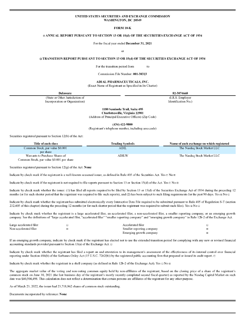 Adial Pharmaceuticals, Inc（ADIL）2021财年年度报告（英文版）