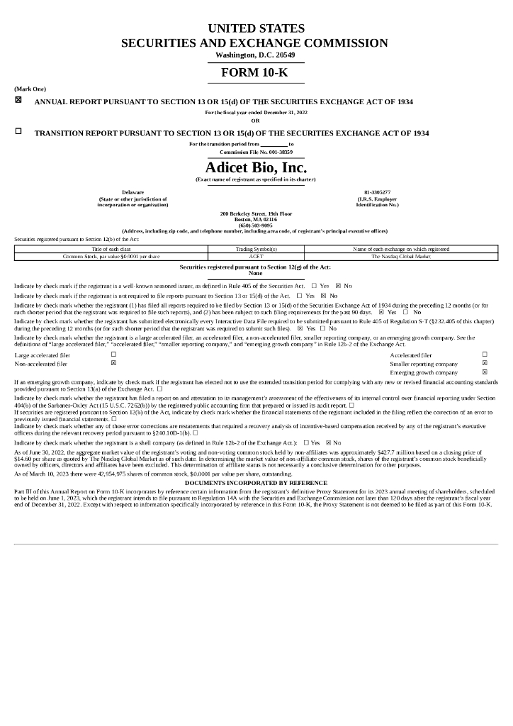 Adicet Bio, Inc.（ACET）2022财年年度报告（英文版）