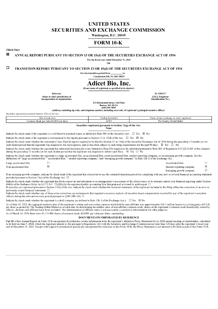 Adicet Bio, Inc.（ACET）2023财年年度报告（英文版）