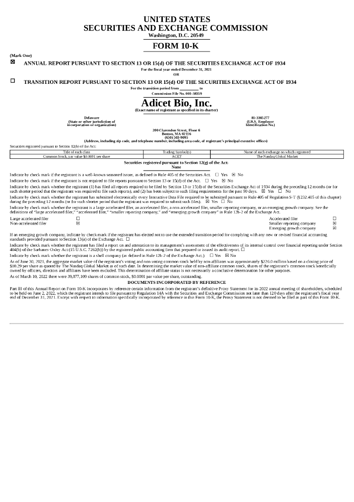 Adicet Bio, Inc.（ACET）2021财年年度报告（英文版）