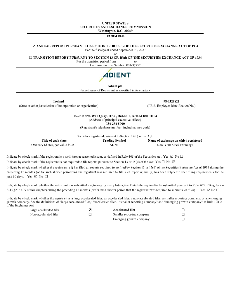 Adient Plc（ADNT）2020财年年度报告（英文版）