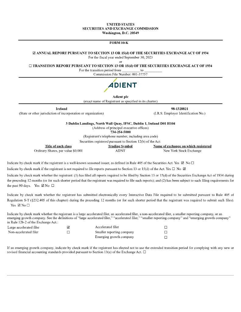Adient Plc（ADNT）2023财年年度报告（英文版）