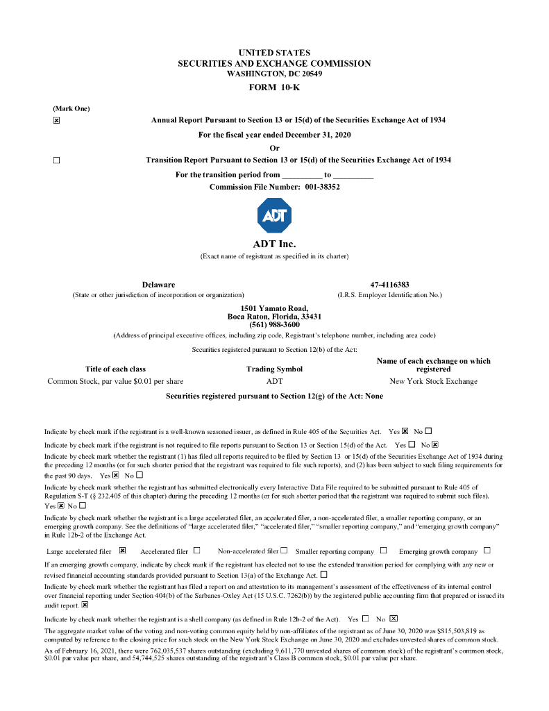 ADT Corp（ADT）2020财年年度报告（英文版）