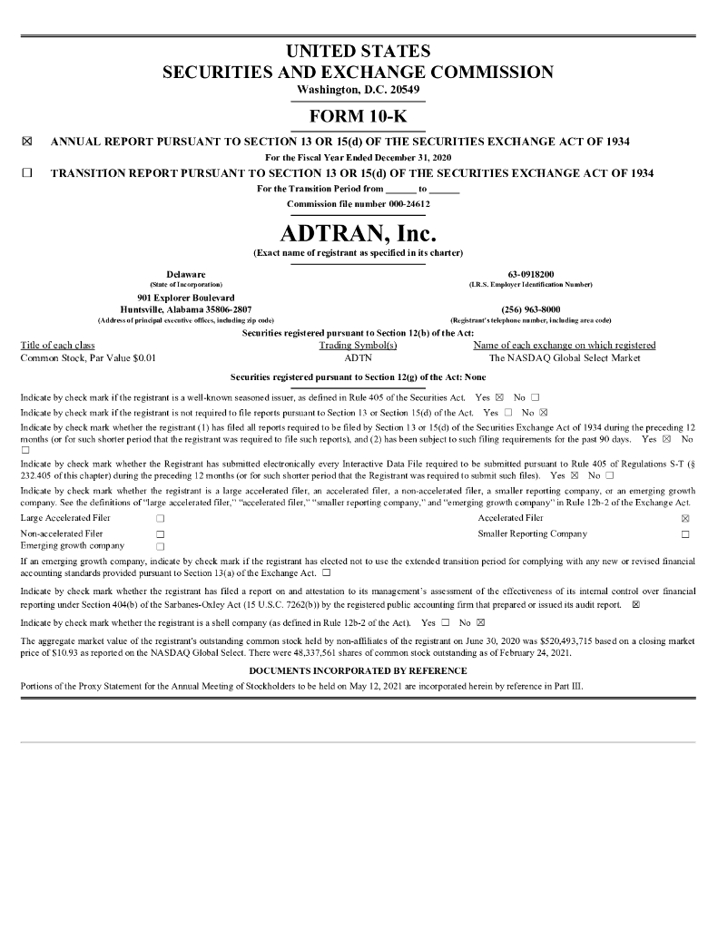 ADTRAN Inc.（ADTN）2020财年年度报告（英文版）