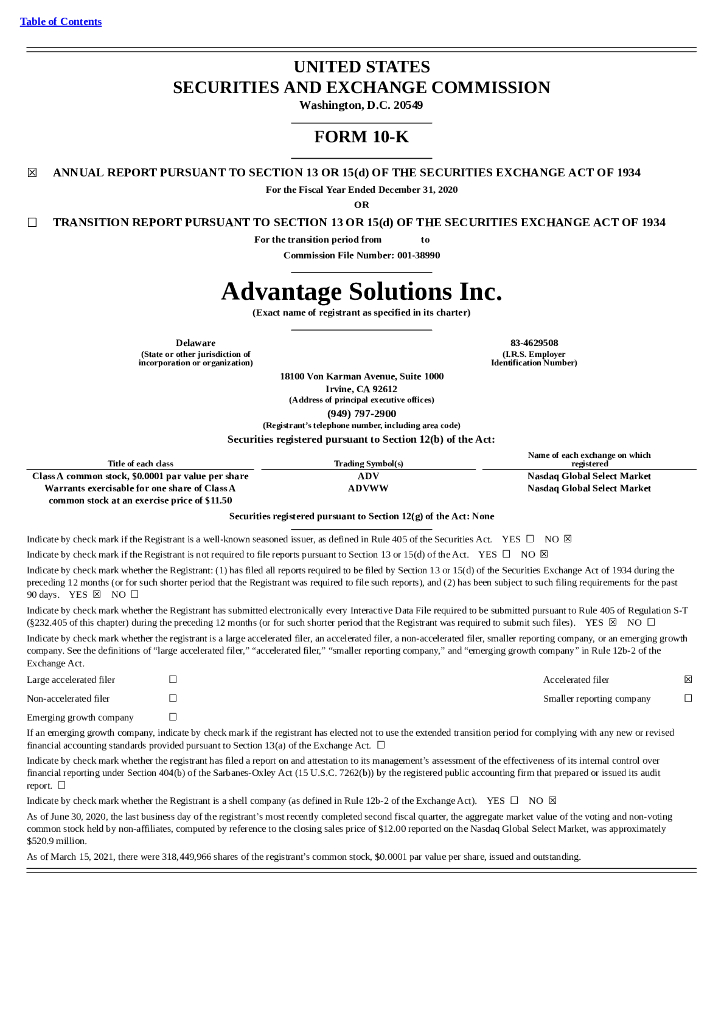 Advantage Solutions Inc.（ADV）2020财年年度报告（英文版）