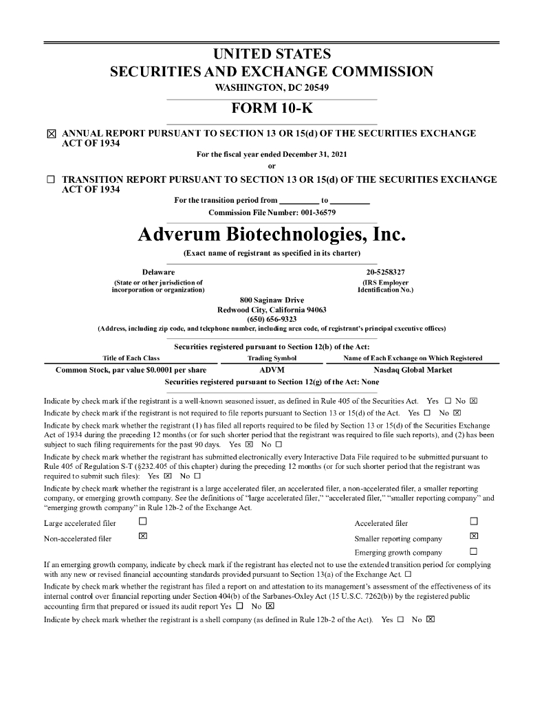 Adverum Biotechnologies, Inc.（ADVM）2021财年年度报告（英文版）