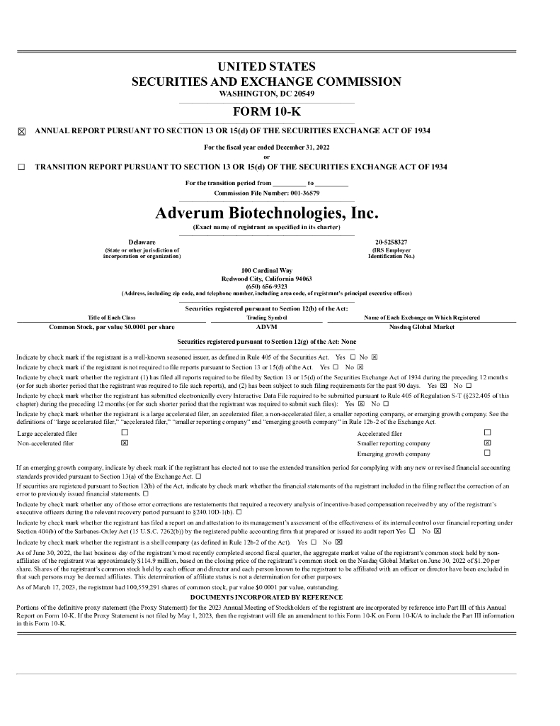 Adverum Biotechnologies, Inc.（ADVM）2022财年年度报告（英文版）