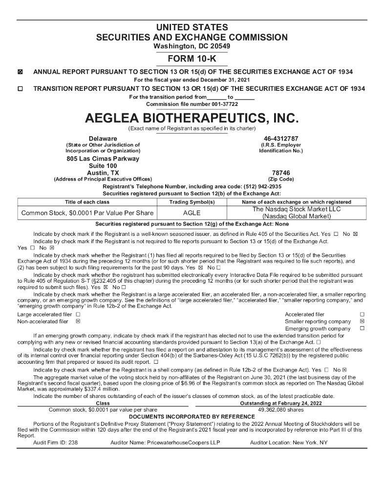 Aeglea BioTherapeutics, Inc.（AGLE）2021财年年度报告（英文版）