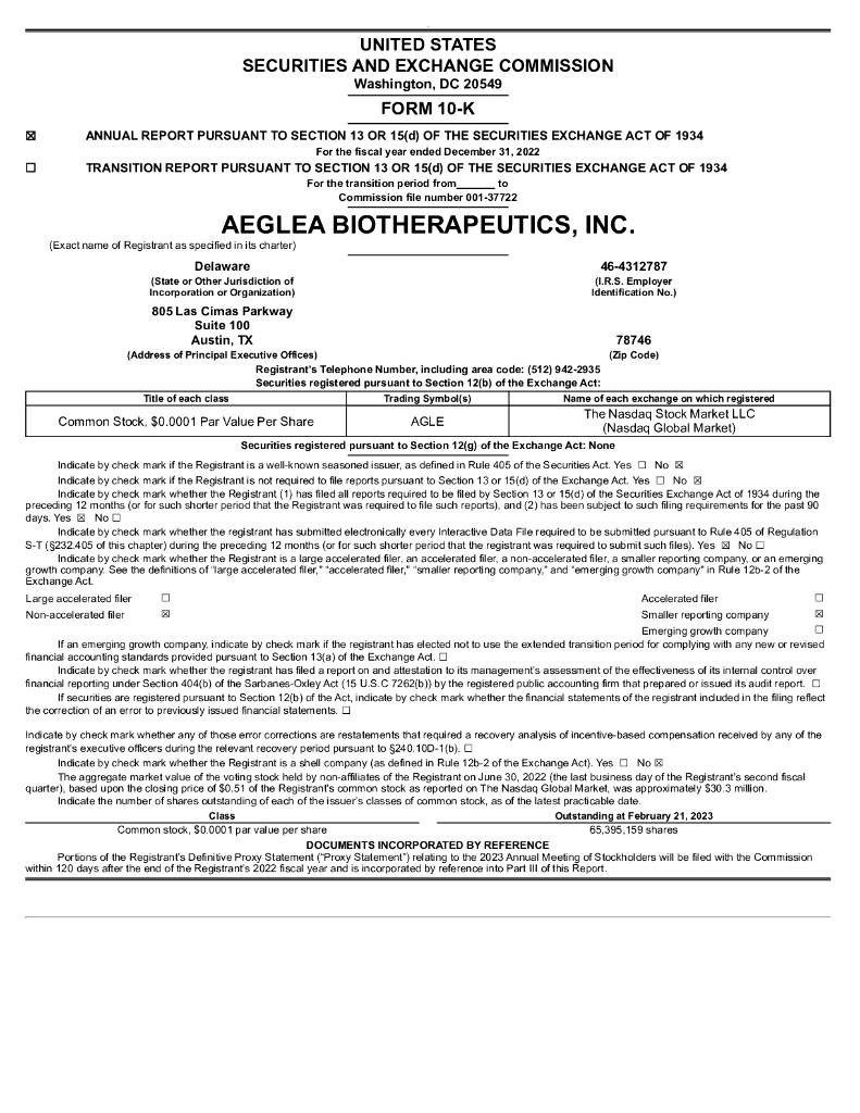 Aeglea BioTherapeutics, Inc.（AGLE）2022财年年度报告（英文版）
