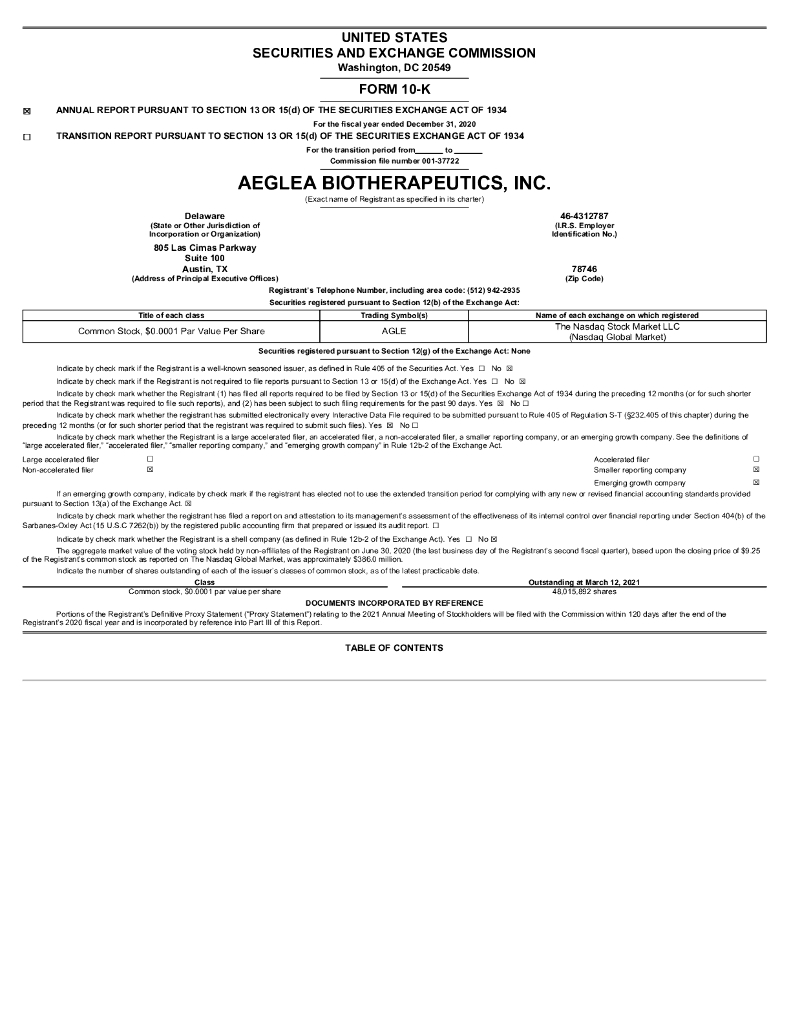Aeglea BioTherapeutics, Inc.（AGLE）2020财年年度报告（英文版）