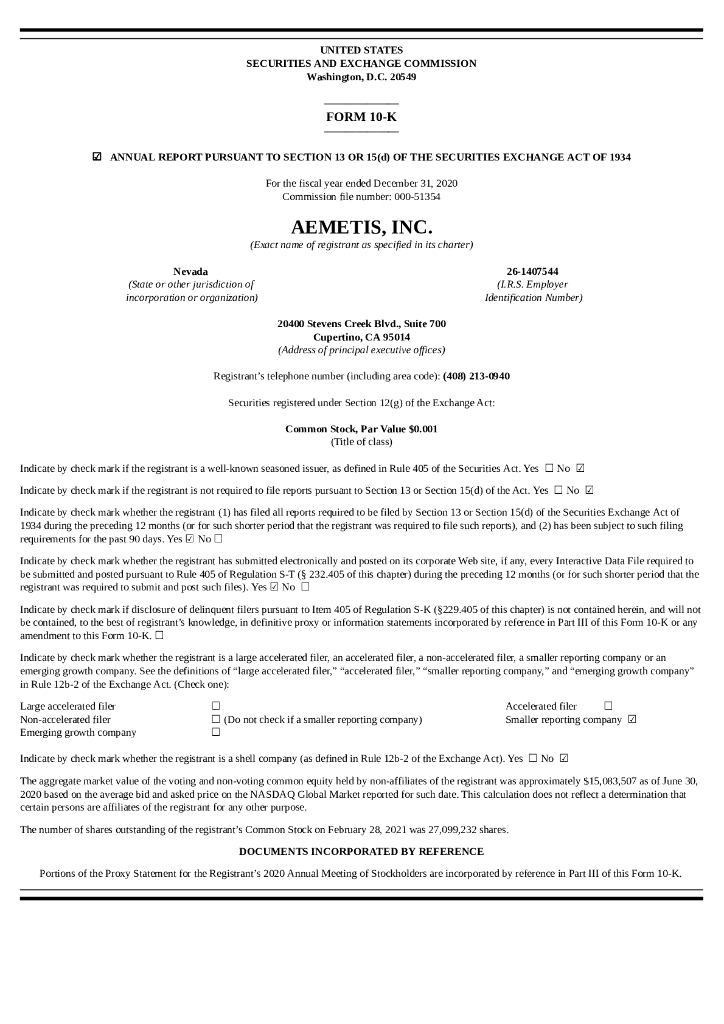 Aemetis, Inc（AMTX）2020财年年度报告（英文版）