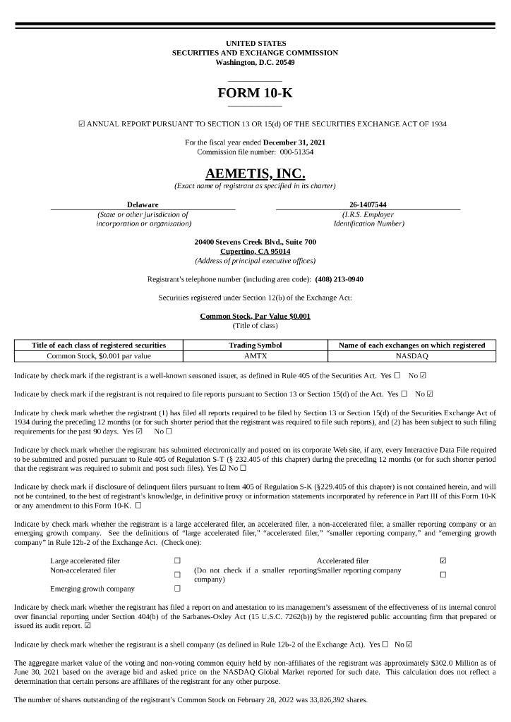 Aemetis, Inc（AMTX）2021财年年度报告（英文版）
