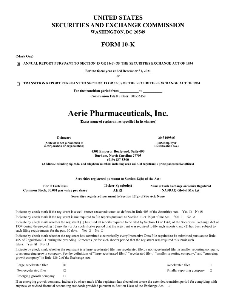 Aerie Pharmaceuticals Inc（AERI）2021财年年度报告（英文版）
