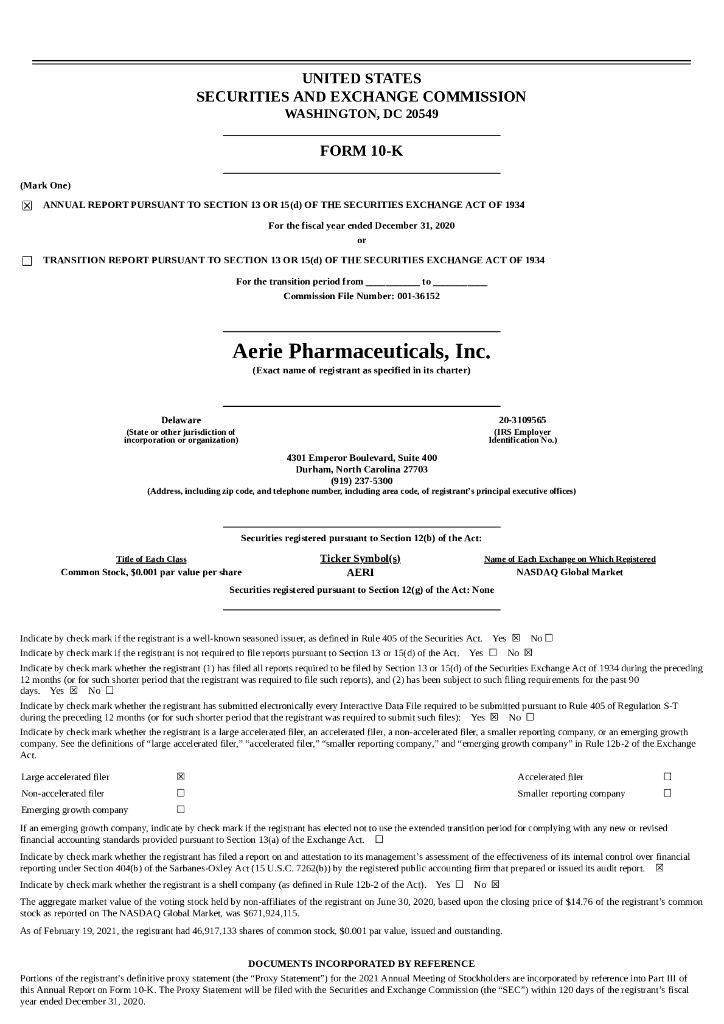 Aerie Pharmaceuticals Inc（AERI）2020财年年度报告（英文版）