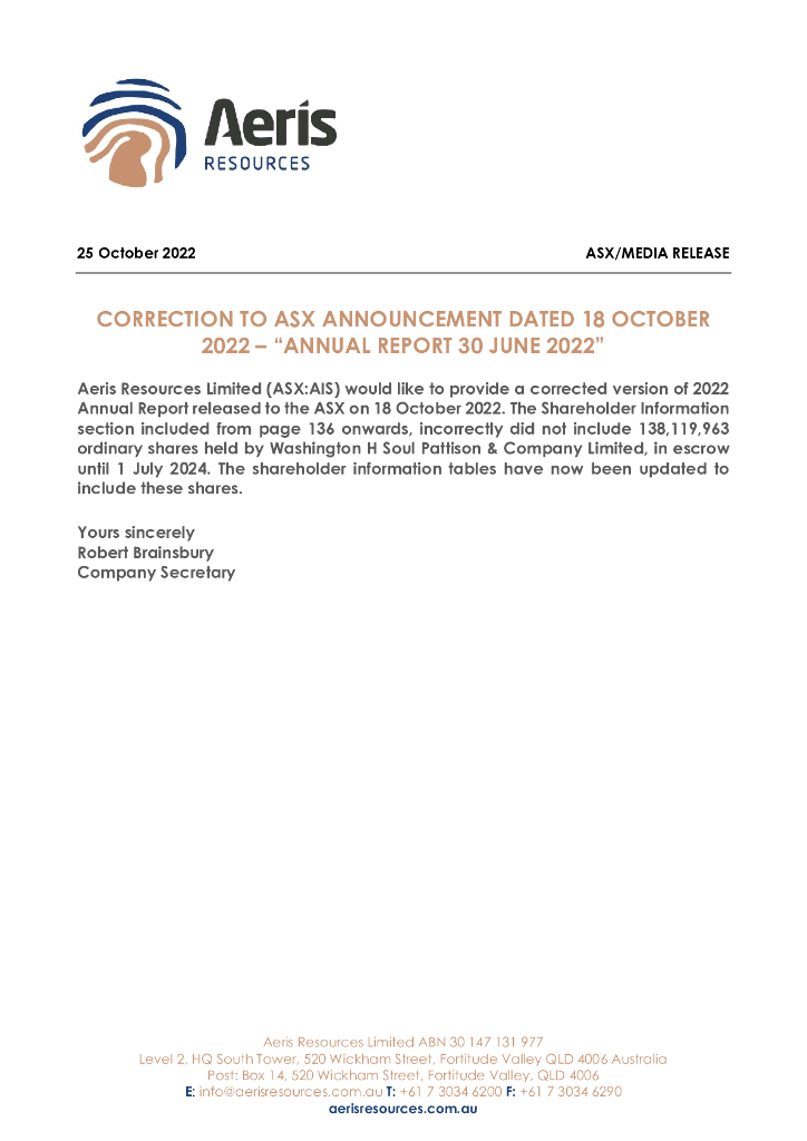 Aeris Resources Limited（AIS）2022财年年度报告（英文版）