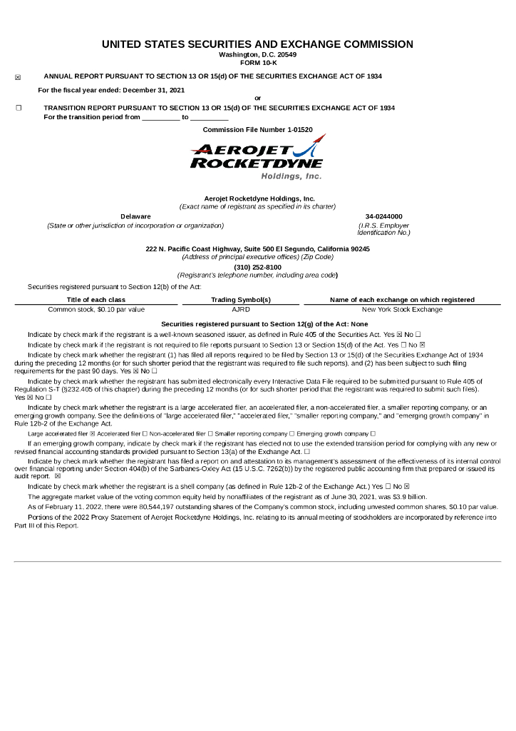 Aerojet Rocketdyne Holdings Inc.（AJRD）2021财年年度报告（英文版）