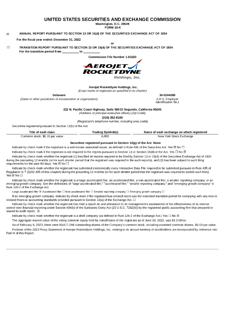 Aerojet Rocketdyne Holdings Inc.（AJRD）2022财年年度报告（英文版）
