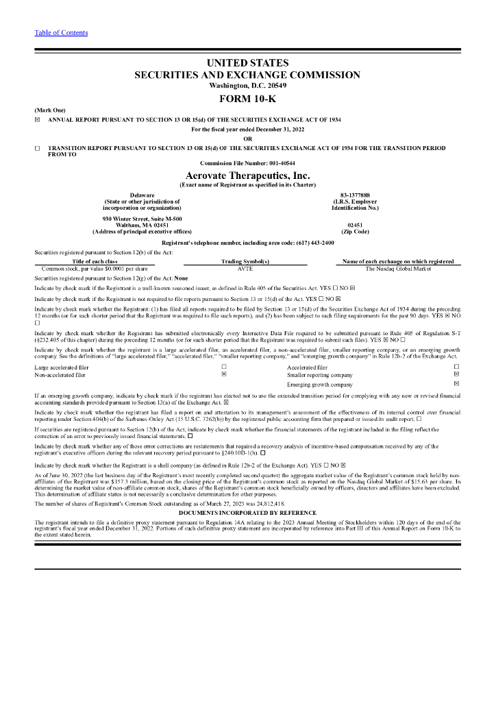 Aerovate Therapeutics, Inc.（AVTE）2022财年年度报告（英文版）