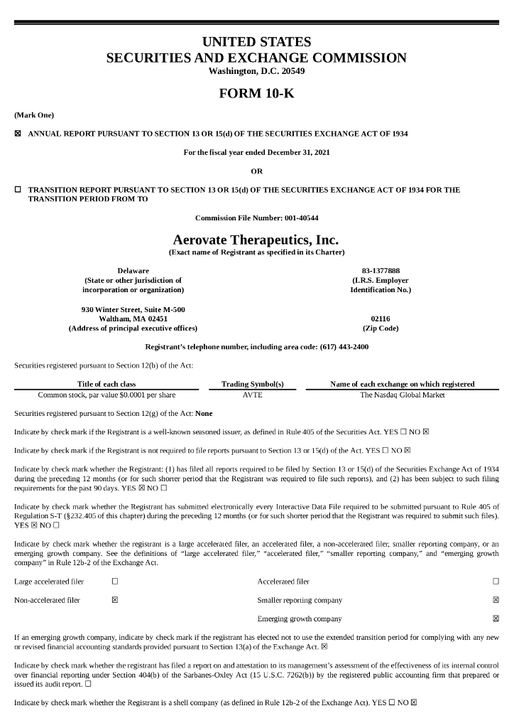 Aerovate Therapeutics, Inc.（AVTE）2021财年年度报告（英文版）