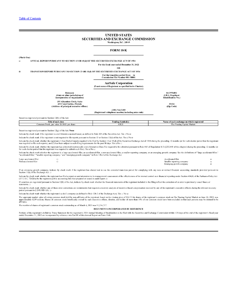 AerSale, Inc.（ASLE）2022财年年度报告（英文版）