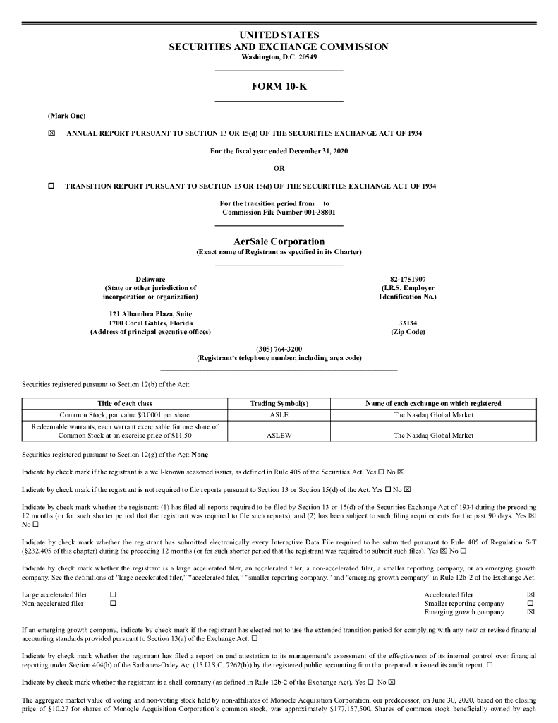 AerSale, Inc.（ASLE）2020财年年度报告（英文版）