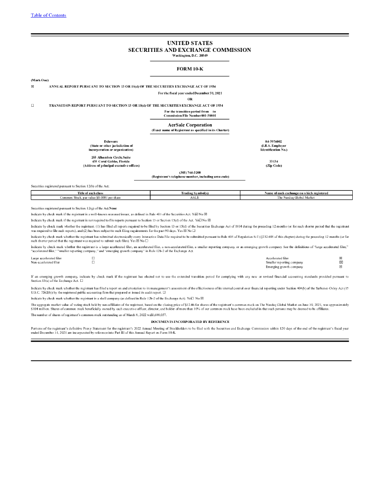 AerSale, Inc.（ASLE）2021财年年度报告（英文版）