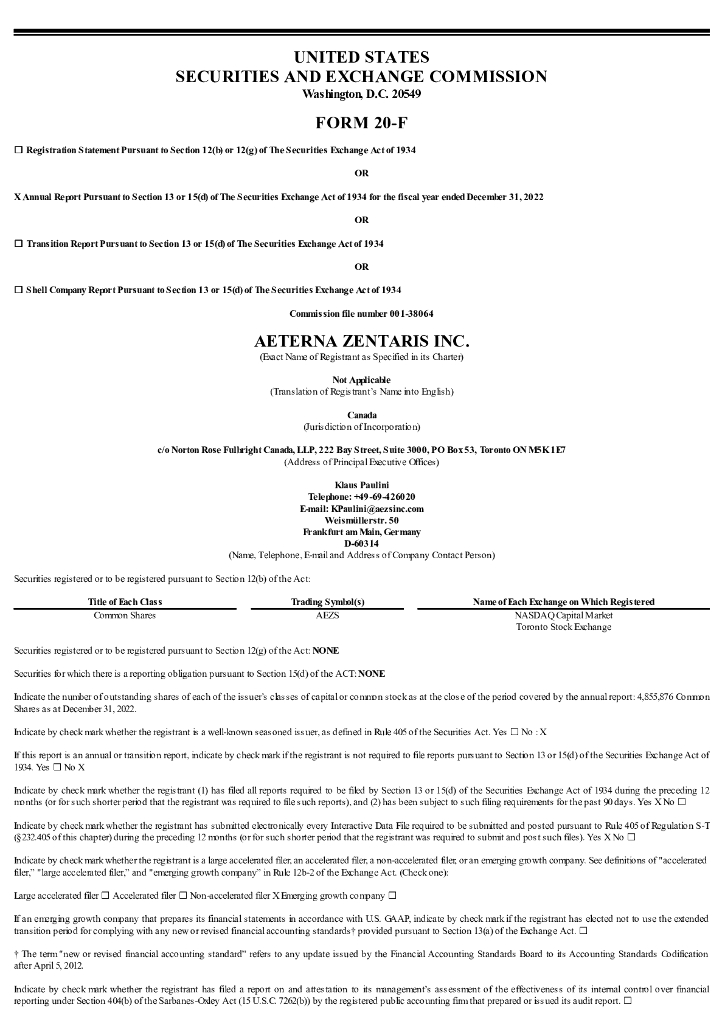 AEterna Zentaris Inc.（AEZS）2022财年年度报告（英文版）