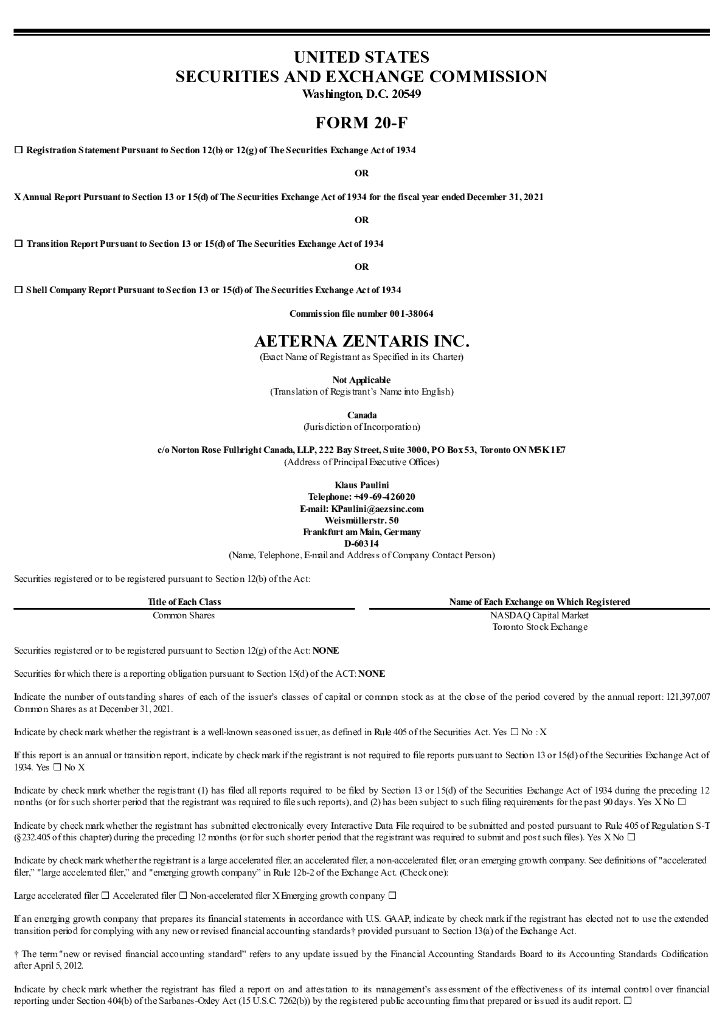 AEterna Zentaris Inc.（AEZS）2021财年年度报告（英文版）