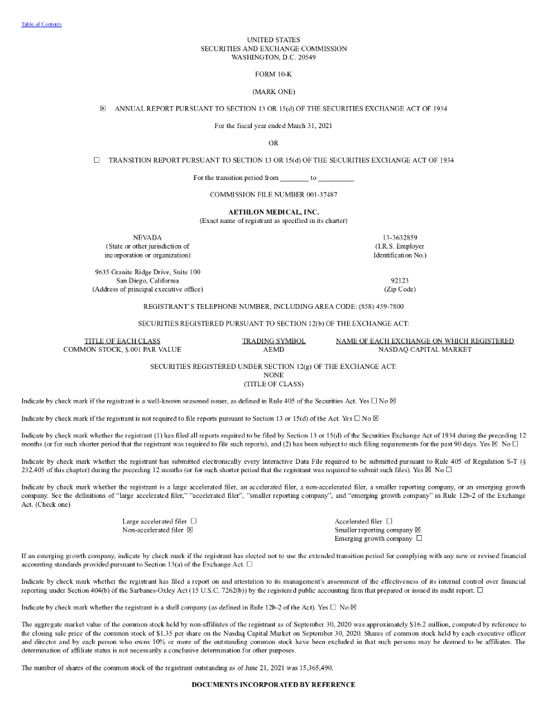 Aethlon Medical, Inc.（AEMD）2021财年年度报告（英文版）