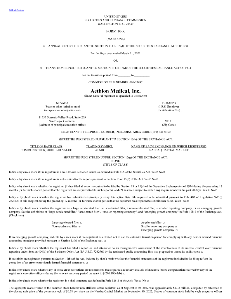 Aethlon Medical, Inc.（AEMD）2023财年年度报告（英文版）
