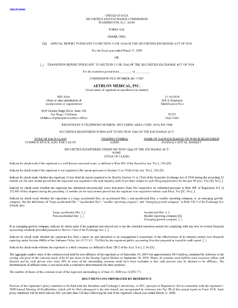 Aethlon Medical, Inc.（AEMD）2020财年年度报告（英文版）