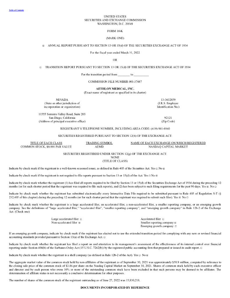 Aethlon Medical, Inc.（AEMD）2022财年年度报告（英文版）