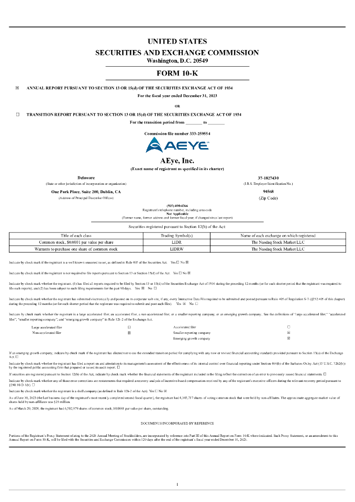 AEye, Inc.（LIDR）2023财年年度报告（英文版）