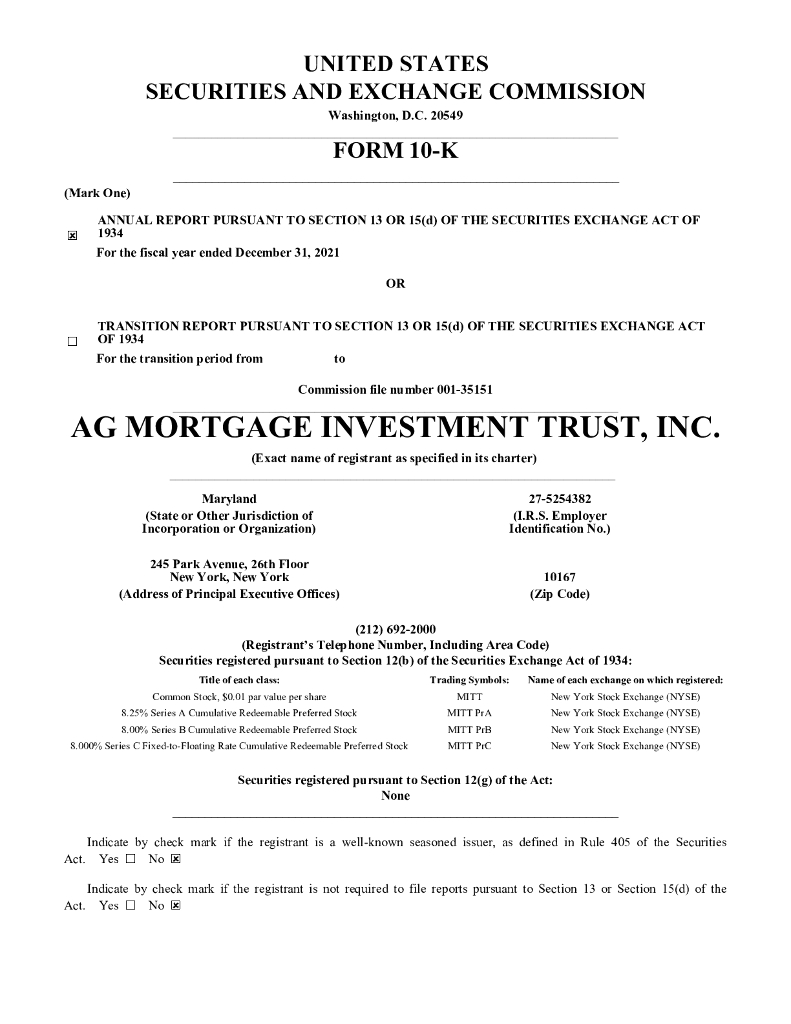 AG Mortgage Investment Trust Inc（MITT）2021财年年度报告（英文版）