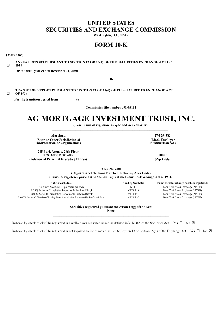 AG Mortgage Investment Trust Inc（MITT）2020财年年度报告（英文版）