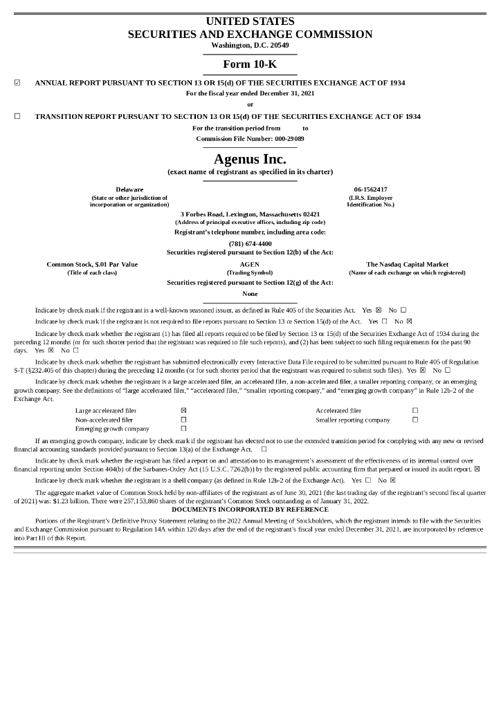 Agenus Inc.（AGEN）2021财年年度报告（英文版）