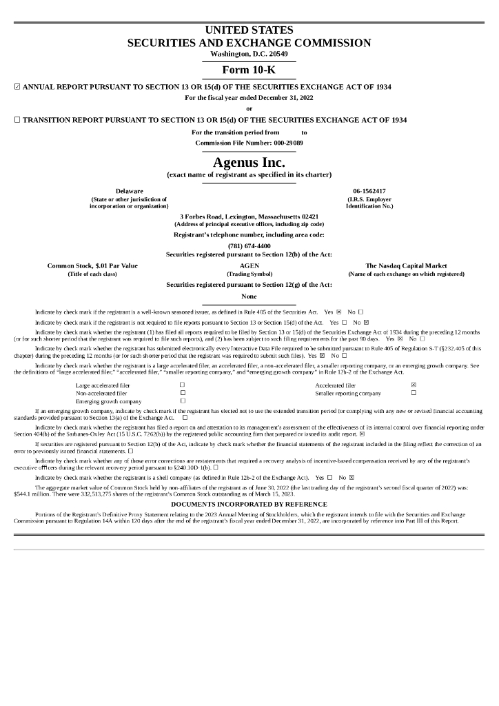 Agenus Inc.（AGEN）2022财年年度报告（英文版）