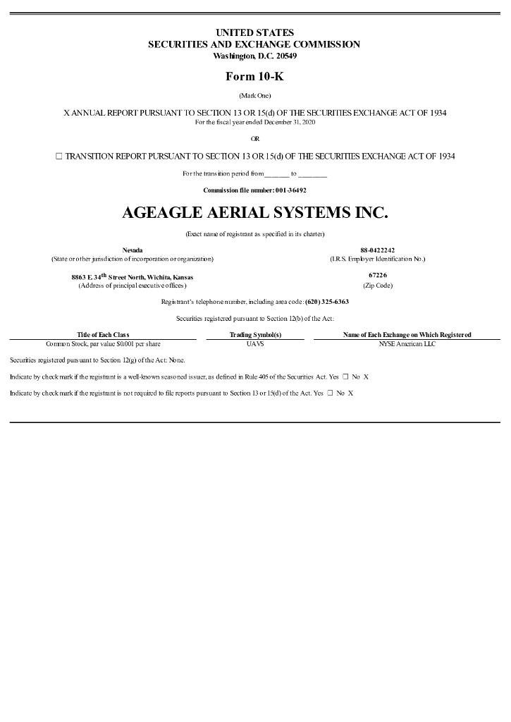 AgEagle Aerial Systems, Inc.（UAVS）2020财年年度报告（英文版）