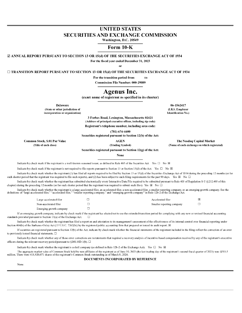 Agenus Inc.（AGEN）2023财年年度报告（英文版）