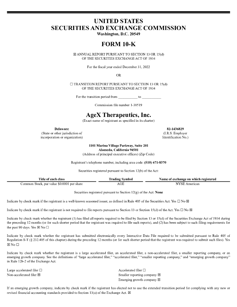 AgeX Therapeutics, Inc.（AGE）2022财年年度报告（英文版）