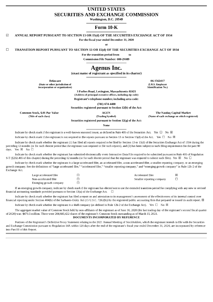 Agenus Inc.（AGEN）2020财年年度报告（英文版）