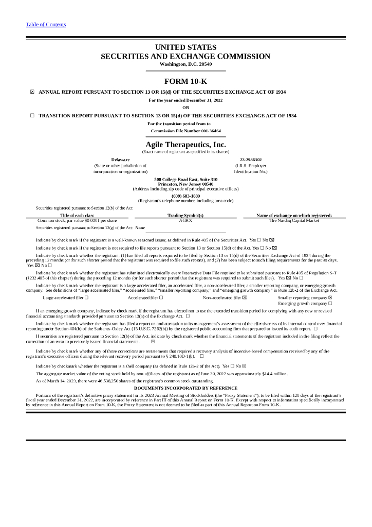 Agile Therapeutics Inc（AGRX）2022财年年度报告（英文版）