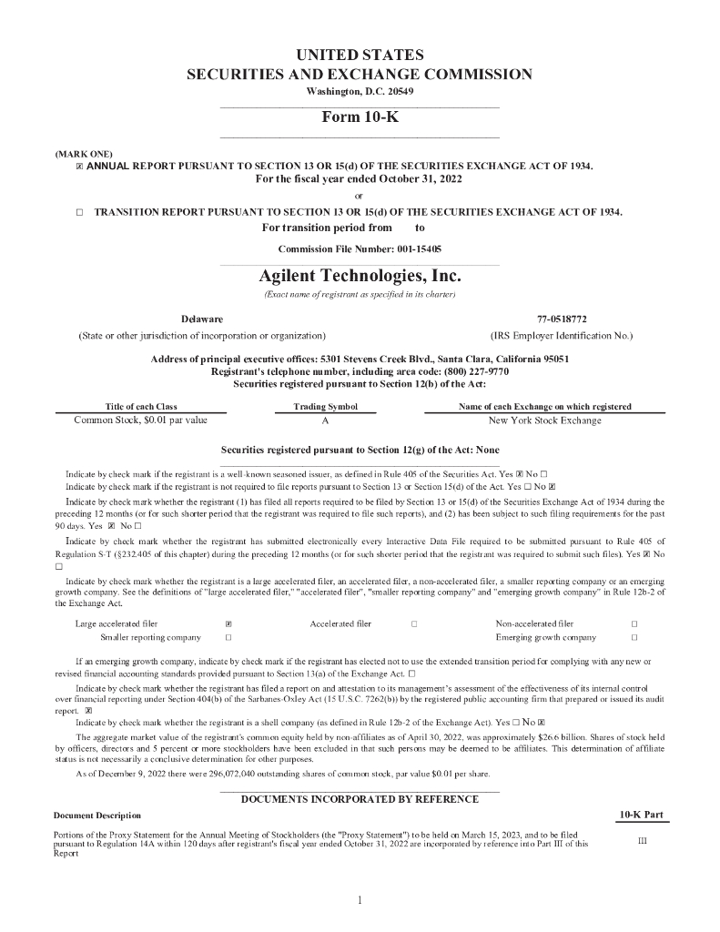 Agilent Technologies Inc.（A）2022财年年度报告（英文版）